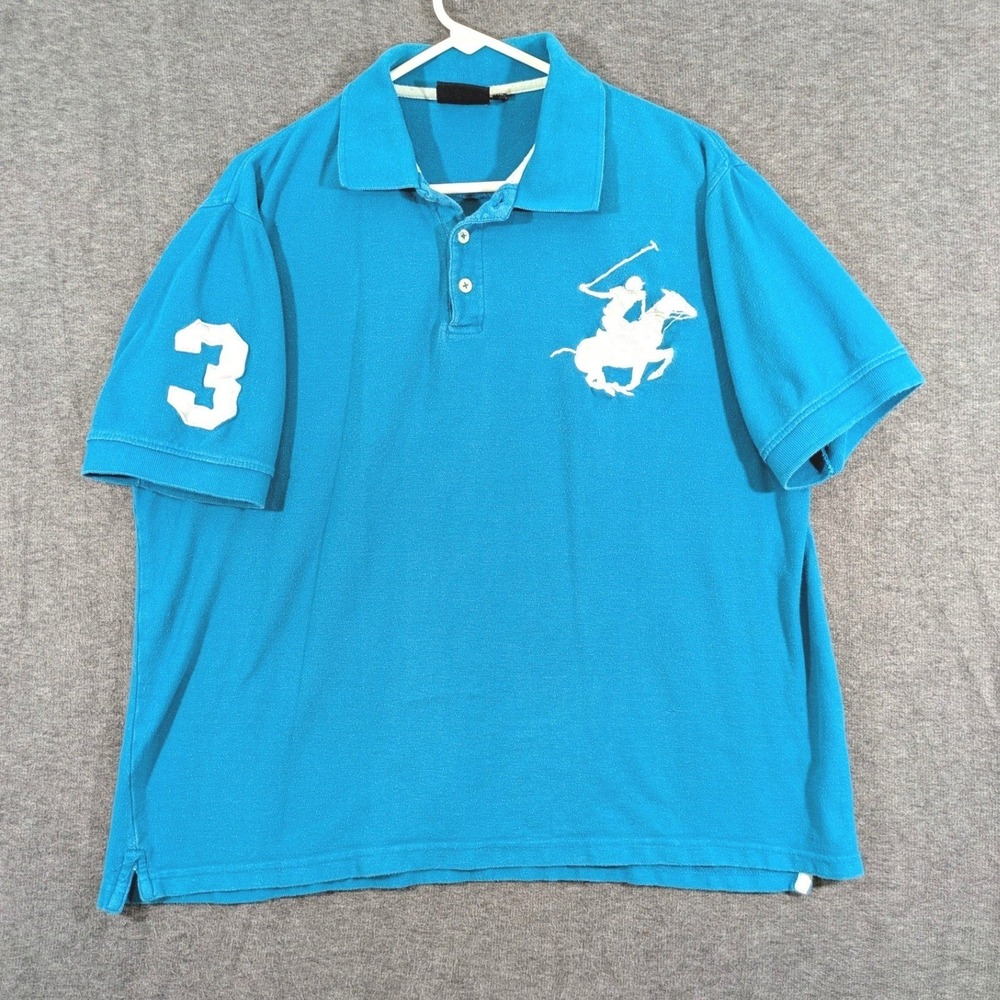 Beverly Hills Polo Club Turquoise Blue Large Pony Logo Polo Shirt 3 Logo Size XL